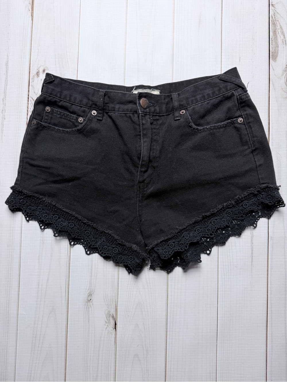 Free People Black Lace-Trim Denim Shorts